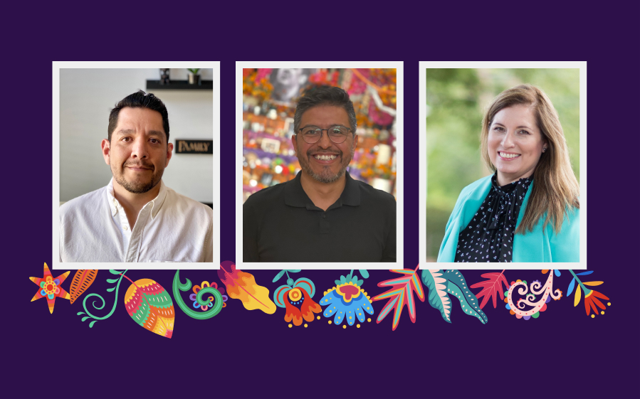 Photographs of three Hispanic Verisign employees on a dark purple background.
