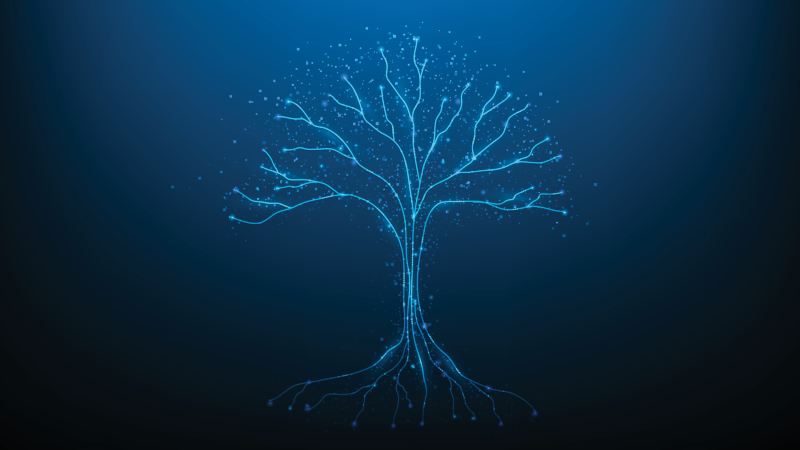 A digital blue tree on a gradient blue background.