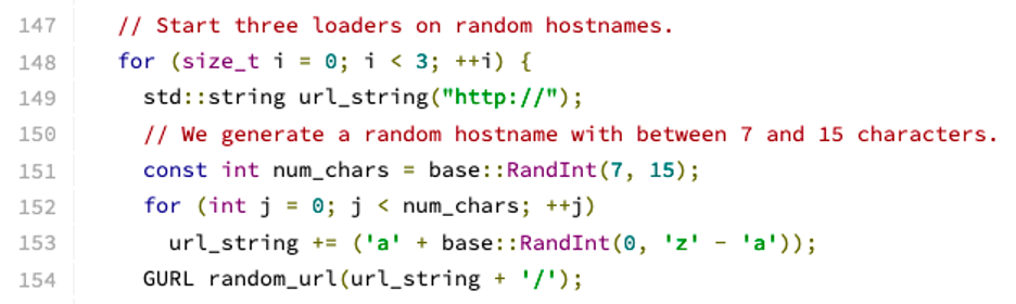 Figure 1: Chromium source code that implements random URL fetches.